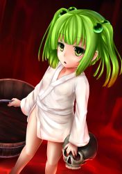 Rule 34 | 1girl, :o, anata (lighttuner), bucket, child, green eyes, green hair, highres, japanese clothes, kimono, kisume, looking at viewer, short hair, simple background, skull, touhou, twintails
