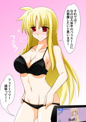 Rule 34 | 1girl, black panties, blonde hair, blush, bra, breasts, camcorder, cleavage, engo (aquawatery), fate testarossa, highres, lace, lingerie, long hair, lyrical nanoha, mahou shoujo lyrical nanoha strikers, mahou shoujo lyrical nanoha vivid, panties, red eyes, solo, translation request, underwear, underwear only, video camera