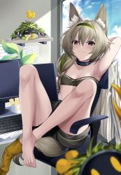 Rule 34 | 1girl, :3, arknights, armpits, arms up, bandeau, bare legs, barefoot, beanstalk (arknights), black choker, black shorts, blue sky, braid, brown eyes, choker, cloud, commentary, computer, day, green hairband, grey hair, hair between eyes, hairband, highres, indoors, infection monitor (arknights), keyboard (computer), knees up, long hair, looking at viewer, metal crab (arknights), midriff, no headwear, short shorts, shorts, sky, smile, solo, strapless, swivel chair, thighs, tube top, yan lie