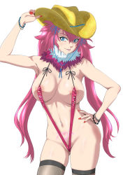 Rule 34 | 1girl, areola slip, arm up, black thighhighs, blue eyes, blush, bracelet, breasts, cameltoe, cleavage, covered erect nipples, cowboy hat, fur trim, groin, hand on headwear, hat, jewelry, kagura (oneechanbara), large breasts, lips, long hair, looking at viewer, minpei ichigo, nail polish, navel, oneechanbara, parted lips, pink hair, pubic tattoo, shiny skin, sideboob, simple background, skindentation, slingshot swimsuit, smile, solo, standing, stomach, strap gap, sweat, swimsuit, tattoo, teeth, thighhighs, thighs, twintails, very long hair, white background