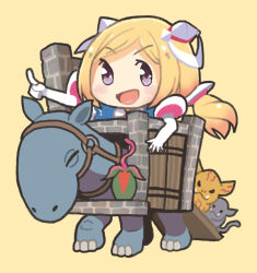 Rule 34 | 1girl, :d, aki rosenthal, aki rosenthal (1st costume), animal, ark survival evolved, blonde hair, blue dress, chibi, collared dress, commentary request, dinosaur, dress, elbow gloves, gloves, hair ornament, hololive, looking at viewer, low twintails, medium hair, open mouth, parted bangs, pointing, pointing forward, purple eyes, saiguchi otoufu, short hair, short twintails, simple background, smile, twintails, virtual youtuber, white gloves, yellow background