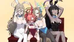 Rule 34 | 4girls, :d, ^ ^, absurdres, akane (blue archive), akane (bunny) (blue archive), anger vein, animal ears, armpits, arms up, asuna (blue archive), asuna (bunny) (blue archive), bandaid, bandaid on knee, bandaid on leg, bare shoulders, bench, black hair, blue archive, blue eyes, blush, bow, bowtie, braid, breasts, brown hair, cleavage, clenched hand, closed eyes, dark-skinned female, dark skin, detached collar, fake animal ears, fishnet pantyhose, fishnets, glasses, gloves, hair between eyes, hair over one eye, halo, highres, karin (blue archive), karin (bunny) (blue archive), large breasts, leotard, long hair, multiple girls, neru (blue archive), neru (bunny) (blue archive), nipples, nose blush, okokorika, open mouth, pantyhose, pink hair, playboy bunny, rabbit ears, sitting, small breasts, smile, sweat, tears, teeth, thighband pantyhose, trembling, white gloves, white pantyhose, wrist cuffs, yellow eyes