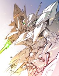 Rule 34 | absurdres, arm blade, clenched hand, eclipse gundam, energy blade, green eyes, gundam, gundam seed, gundam seed eclipse, highres, matutoya, mecha, mobile suit, no humans, open hand, robot, science fiction, solo, v-fin, weapon