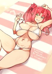 Rule 34 | 1girl, absurdres, bikini, blush, breasts, clenched teeth, collarbone, green eyes, highres, large breasts, long hair, looking at viewer, lying, misao (salverion), navel, original, pink hair, smile, solo, swimsuit, teeth, towel, twintails, umitsuki (kurage no shokushu)