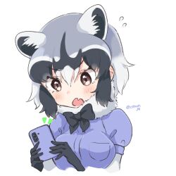 Rule 34 | 1girl, black bow, black bowtie, blue sweater, blush, bow, bowtie, brown eyes, cellphone, common raccoon (kemono friends), cthun n, elbow gloves, extra ears, fang, flying sweatdrops, fur collar, gloves, grey gloves, grey hair, hair between eyes, kemono friends, multicolored hair, open mouth, phone, puffy short sleeves, puffy sleeves, short hair, short sleeves, sidelocks, smartphone, solo, sweater, upper body, white fur