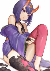 Rule 34 | 1girl, absurdres, adjusting clothes, adjusting legwear, akizone, bare shoulders, blunt bangs, bob cut, commentary, eyelashes, fang, fate/grand order, fate (series), gem, hair ornament, highres, horns, japanese clothes, kimono, knee up, long sleeves, looking at viewer, off shoulder, oni, open mouth, pink thighhighs, purple eyes, purple hair, revealing clothes, short hair, shuten douji (fate), simple background, sitting, skin-covered horns, solo, teeth, thighhighs, thighs, white background, wide sleeves