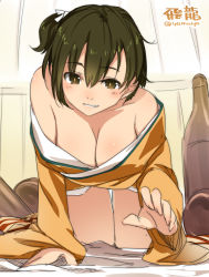 Rule 34 | 10s, 1girl, bare shoulders, bottle, breasts, brown hair, character name, cleavage, highres, hiryuu (kancolle), japanese clothes, kantai collection, kneeling, large breasts, off shoulder, sake bottle, shiny skin, short hair, side ponytail, smile, solo, super zombie, twitter username