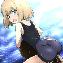 Rule 34 | 2girls, ass, blonde hair, blue eyes, blue one-piece swimsuit, brown hair, carrying, commentary request, fang, from behind, girls und panzer, katyusha (girls und panzer), long hair, looking back, multiple girls, nakahira guy, nonna (girls und panzer), one-piece swimsuit, open mouth, short hair, shoulder carry, sweatdrop, swimsuit, water