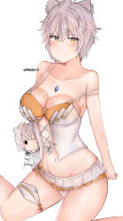 Rule 34 | 1girl, absurdres, animal ears, bikini, bikini skirt, breasts, cat ears, character doll, chest jewel, cleavage, core crystal (xenoblade), cosplay, grey hair, highres, large breasts, meidza d, messy hair, mio (xenoblade), mio (xenoblade) (cosplay), na&#039;el (xenoblade), short hair, smile, solo, strap slip, swimsuit, thighs, white bikini, xenoblade chronicles (series), xenoblade chronicles 3, xenoblade chronicles 3: future redeemed, yellow eyes