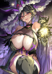Rule 34 | 1girl, absurdres, animal ears, bare shoulders, black gloves, black thighhighs, blush, breasts, bunnystein fantasy, closed mouth, elbow gloves, fake animal ears, full moon, glasses, gloves, hair between eyes, highres, holding, holding lantern, huge breasts, lantern, large hat, lipstick, looking at viewer, makeup, mizuki (bunnystein fantasy), mole, mole on breast, mole under mouth, moon, original, outdoors, purple eyes, purple headwear, rabbit ears, red-framed eyewear, red lips, see-through, semi-rimless eyewear, senri gan, smile, solo, sweat, thick thighs, thighhighs, thighs