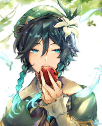 Rule 34 | 1boy, androgynous, apple, beret, black hair, blue hair, bow, braid, brooch, cape, collared cape, doid070, eating, feathers, flower, food, frilled sleeves, frills, fruit, gem, genshin impact, gradient hair, green eyes, green hat, hair flower, hair ornament, hat, highres, holding, holding food, holding fruit, jewelry, leaf, long sleeves, looking to the side, male focus, multicolored hair, open mouth, short hair with long locks, solo, sparkle, twin braids, venti (genshin impact), white flower