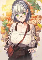 Rule 34 | 1girl, arms behind back, bag, breasts, casual, choker, cleavage, glasses, green eyes, highres, hololive, hololive fantasy, large breasts, official alternate costume, poligon (046), shirogane noel, shirogane noel (casual), short hair, silver hair, solo, sweater, virtual youtuber, white sweater