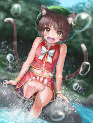 Rule 34 | 1girl, :d, adapted costume, animal ear fluff, animal ear piercing, arm support, bare arms, barefoot, blurry, blurry background, blurry foreground, blush, bow, bowtie, bracelet, breasts, brown eyes, brown hair, cat tail, chen, commentary request, day, depth of field, dutch angle, earrings, fangs, feet, foot focus, foot out of frame, gold trim, green hat, hat, highres, jewelry, looking at viewer, luke (kyeftss), midriff, mob cap, multiple tails, nail polish, navel, nekomata, open mouth, outdoors, petite, red nails, red skirt, red vest, short hair, single earring, skirt, skirt set, small breasts, smile, soles, solo, tail, toes, touhou, two tails, v-shaped eyebrows, vest, white bow, white bowtie