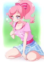 Rule 34 | 1girl, absurdres, blue eyes, blue skirt, blush, bow, commentary request, hair bow, highres, kiratto pri chan, looking away, momoyama mirai, pink hair, pink shirt, plaid, plaid skirt, ponytail, pretty series, red bow, shirt, short sleeves, sitting, skirt, solo, striped, striped bow, sugimura mickey, wariza