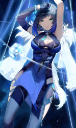 Rule 34 | 1girl, absurdres, armpits, arms up, bare shoulders, black gloves, black hair, blue dress, blue hair, blunt bangs, breasts, chinese commentary, cleavage, cleavage cutout, clothing cutout, commentary, cowboy shot, dice, dress, genshin impact, gloves, gradient hair, green eyes, highres, hip vent, large breasts, looking at viewer, medium breasts, multicolored hair, parted lips, pelvic curtain, short hair, single glove, sleeveless, sleeveless dress, snozaki, solo, thighs, yelan (genshin impact)