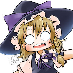 Rule 34 | 1girl, blank eyes, blonde hair, bow, braid, chamaji, close-up, commentary, hair between eyes, hair ribbon, hat, hat bow, kirisame marisa, looking at viewer, lowres, neck ribbon, o o, open mouth, outstretched arms, profile picture, puffy short sleeves, puffy sleeves, ribbon, round teeth, short hair, short sleeves, signature, simple background, single braid, smile, solo, spread arms, teeth, touhou, tress ribbon, upper body, vest, white background, wing collar, witch hat