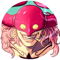 Rule 34 | 1boy, chest tattoo, cigarette, close-up, commentary, earrings, ellie mehl, english commentary, eye mask, highres, horns, jewelry, long hair, male focus, one piece, pink hair, simple background, smile, smoke, solo, tattoo, who&#039;s who (one piece)