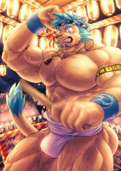 Rule 34 | 1boy, absurdres, animal ears, armband, bara, bicep strap, clenched teeth, commentary request, fangs, fundoshi, furry, furry male, hachimaki, headband, highres, indie virtual youtuber, japanese clothes, jewelry, lantern, lion boy, lion ears, lion mane, lion tail, looking at viewer, male focus, necklace, nejiri hachimaki, paper lantern, saro (rotsw 00022), summer festival, taiko sticks, tail, teeth, tohdoh raigo