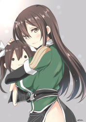 Rule 34 | 10s, 1girl, absurdres, artist name, blush, breasts, brown eyes, brown hair, character doll, chikuma (kancolle), hugging doll, highres, kantai collection, large breasts, long hair, looking at viewer, hugging object, pelvic curtain, profile, remodel (kantai collection), ryuki (ryukisukune), signature, solo, tone (kancolle)