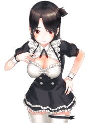 Rule 34 | 1girl, black hair, breasts, cleavage, kfr, long hair, looking at viewer, maid, original, parted bangs, red eyes, side ponytail, simple background, smile, solo, thighhighs, white background, white thighhighs, wrist cuffs, zettai ryouiki