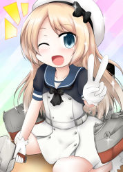 Rule 34 | 1girl, blonde hair, blue eyes, blue sailor collar, commentary request, dress, gloves, hat, jervis (kancolle), kantai collection, long hair, looking at viewer, machinery, one eye closed, open mouth, ouno (nounai disintegration), sailor collar, sailor dress, short sleeves, smile, solo, v, white gloves, white hat