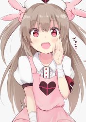 Rule 34 | 1girl, :d, amano kouki, apron, bandaged arm, bandages, blush, center frills, collared shirt, commentary request, cowboy shot, fang, frills, grey background, hair ornament, hand up, hat, heart, highres, light brown hair, long hair, looking at viewer, natori sana, nurse, nurse cap, open mouth, pink apron, pink hat, puffy short sleeves, puffy sleeves, rabbit hair ornament, red eyes, sana channel, shirt, short sleeves, simple background, smile, solo, tareme, translation request, two side up, very long hair, virtual youtuber, white background