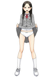 Rule 34 | 1girl, black eyes, black hair, blazer, blush, bow, bow panties, clothes lift, commentary request, cross-laced footwear, crotch seam, dress shirt, frown, full body, grey jacket, grey skirt, half-closed eyes, jacket, lifting own clothes, long hair, long sleeves, looking at viewer, maburu (lojyq1eur3e8bit), miniskirt, neck ribbon, open mouth, original, panties, pleated skirt, red ribbon, ribbon, school uniform, shirt, shoes, simple background, skirt, skirt lift, sneakers, socks, solo, standing, underwear, white background, white footwear, white panties, white shirt, white socks, wing collar