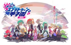 Rule 34 | 5girls, 6+boys, absurdres, afro, back, crossed arms, crossed legs, dark skin, hand on own face, highres, inkling, inkling boy, inkling girl, inkling player character, lens flare, looking at viewer, looking back, midair, multiple boys, multiple girls, necktie, nintendo, octoling, octoling girl, octoling player character, official art, open collar, own hands together, pantyhose, pointy ears, school uniform, serious, shoes, short hair with long locks, sitting, skirt, sleeves rolled up, sneakers, splatoon (series), splatoon 2, standing, tentacle hair, twintails