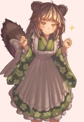 Rule 34 | + +, 1girl, ahoge, animal ears, apron, arms at sides, arms up, bad id, bad pixiv id, blush, brown hair, commentary request, dot nose, dress, feet out of frame, floral print, green dress, green kimono, japanese clothes, kimono, lolita fashion, long hair, long sleeves, looking at viewer, original, osobachan, raccoon ears, raccoon tail, smile, solo, sparkle, sparkling eyes, standing, tail, v-shaped eyebrows, w arms, wa lolita, wide sleeves, yellow eyes