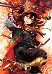 Rule 34 | 1girl, absurdres, antique firearm, bad id, bad pixiv id, belt, black hair, black hat, black pants, boots, brown eyes, buttons, cape, cekonikova, chain, eyebrows, fate/grand order, fate (series), firearm, floating, floating object, floating weapon, gloves, gun, hair between eyes, hat, highres, holding, holding sword, holding weapon, jpeg artifacts, legs up, long hair, long sleeves, looking at viewer, military, military uniform, oda nobunaga, oda nobunaga (fate), oda nobunaga (koha-ace), open mouth, pants, peaked cap, pointing, pointing at viewer, red cape, signature, skull, solo, sword, teeth, uniform, weapon, white gloves