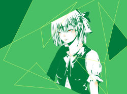 Rule 34 | 1girl, black gloves, blunt bangs, bow, comb (suz), elbow gloves, gloves, green background, hair bow, hand on own chin, highres, konpaku youmu, limited palette, lips, partially fingerless gloves, red eyes, shapes, shirt, single glove, solo, spot color, touhou, upper body, vest, white hair, white shirt
