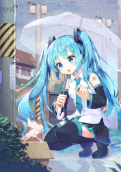 Rule 34 | 1girl, :o, animal, bare shoulders, black footwear, black skirt, blue eyes, blue hair, blue necktie, blush, boots, box, breasts, building, cardboard box, cat, cloud, cloudy sky, collared shirt, day, detached sleeves, full body, hatsune miku, highres, holding, holding umbrella, house, long hair, long sleeves, necktie, note, number tattoo, open mouth, outdoors, pleated skirt, puddle, rain, reflection, shirt, shoonia, shoulder tattoo, skirt, sky, small breasts, solo, squatting, tareme, tattoo, thigh boots, thighhighs, town, transparent, transparent umbrella, umbrella, utility pole, very long hair, vocaloid, water, white shirt, wing collar, zettai ryouiki