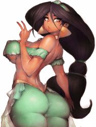 Rule 34 | 1girl, :o, adapted costume, aladdin (disney), aqua pants, ass, bare shoulders, black hair, breasts, brown eyes, collar, commentary, dark-skinned female, dark skin, earrings, from behind, fumio (rsqkr), highres, jasmine (disney), jewelry, large breasts, long hair, looking at viewer, looking back, multi-tied hair, pants, parted lips, simple background, solo, thick thighs, thighs, underboob, very long hair, white background, wide hips