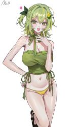 Rule 34 | 1girl, absurdres, armpits, bandeau, bare arms, bare shoulders, bikini, bikini bottom only, black footwear, breasts, cameltoe, choker, cleavage, commission, crop top, green choker, green eyes, green hair, green nails, hair ornament, hand on own hip, hand up, highres, large breasts, leg up, looking at viewer, medium hair, mell (dmwe3537), mole, mole on breast, mole under eye, nail polish, navel, one side up, open mouth, original, ribbon choker, shoes, simple background, smile, solo, stomach, strapless, string bikini, swimsuit, thigh gap, thighs, tube top, white background, yellow bikini