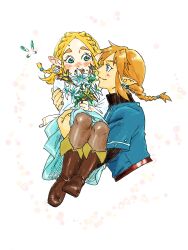 Rule 34 | 1boy, 1girl, absurdres, blue eyes, blue shirt, blush, bouquet, braid, brown pantyhose, carrying, chouson, couple, fairy, flower, hetero, highres, holding, holding bouquet, link, nintendo, pantyhose, princess carry, princess zelda, shirt, smile, the legend of zelda, the legend of zelda: tears of the kingdom, white shirt