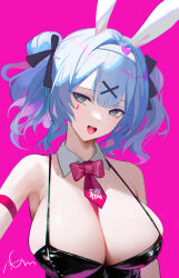 Rule 34 | 1girl, animal ears, armband, armpits, black leotard, black straps, blue hair, bow, bowtie, breasts, detached collar, fake animal ears, grey eyes, hair ornament, hatsune miku, highres, large breasts, leotard, looking to the side, medium hair, omone hokoma agm, open mouth, pink background, pink bow, pink bowtie, pink pupils, playboy bunny, rabbit hair ornament, rabbit hole (vocaloid), red armband, signature, solo, teardrop facial mark, teeth, twintails, upper body, upper teeth only, vocaloid, x hair ornament