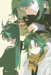 Rule 34 | 1boy, alternate costume, black shirt, closed mouth, demon horns, diamond-shaped pupils, diamond (shape), facial mark, forehead mark, from above, from behind, genshin impact, green hair, high ponytail, highres, hood, hood down, hooded jacket, horns, jacket, long hair, looking at viewer, male focus, medium hair, multicolored hair, multiple views, qingxin gua yu, scarf, shirt, simple background, solo, symbol-shaped pupils, white jacket, xiao (genshin impact), yellow eyes, yellow scarf