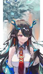 Rule 34 | 1girl, aqua hair, arknights, bare shoulders, black coat, black hair, breasts, closed mouth, coat, collared dress, dragon, dragon horns, dress, driftingtiger, dusk (arknights), earrings, expressionless, hair over one eye, highres, horns, jewelry, large breasts, looking away, looking to the side, multicolored hair, necktie, off shoulder, open clothes, open coat, pointy ears, red eyes, red necktie, solo, streaked hair, two-tone hair, upper body, white dress