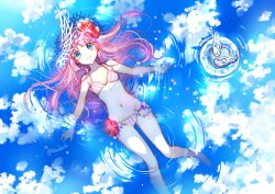 Rule 34 | 1girl, afloat, bikini, blue eyes, blush, breasts, cloud, floating, flower, gradient background, hair flower, hair ornament, hibiscus, long hair, looking at viewer, lying, nardack, navel, on back, original, pink hair, ramune, sketch, small breasts, smile, solo, striped bikini, striped clothes, swimsuit, twitter username, water