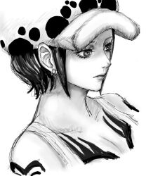 Rule 34 | 1girl, breast tattoo, breasts, cleavage, closed mouth, collarbone, commentary, earrings, eyelashes, fur hat, genderswap, genderswap (mtf), hat, highres, jewelry, large breasts, lips, monochrome, namnam op, nose, one piece, short hair, shoulder tattoo, sketch, solo, symbol-only commentary, tank top, tattoo, trafalgar law, white background