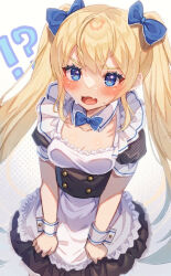 Rule 34 | !?, 1girl, alternate costume, apron, bandaid, bandaid on cheek, bandaid on face, blonde hair, blue bow, blue bowtie, blue eyes, blue ribbon, blush, bow, bowtie, breasts, cleavage, clothes grab, collarbone, cowboy shot, dress, duplicate, embarrassed, enmaided, fang, frilled apron, frilled dress, frills, goddess of victory: nikke, hair ribbon, laplace (nikke), long hair, looking at viewer, maid, maid apron, maid headdress, ribbon, shimada (smd dms), skin fang, skirt, skirt hold, small breasts, sweat, twintails, white apron, wrist cuffs