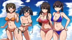 Rule 34 | 10s, 4girls, akagi (kancolle), alternate costume, bare arms, bare legs, bare shoulders, bikini, breasts, cleavage, cloud, cloudy sky, commentary request, covered erect nipples, day, highres, hiryuu (kancolle), kaga (kancolle), kantai collection, large breasts, long hair, multiple girls, navel, senshiya, shiny skin, short hair, side ponytail, sky, souryuu (kancolle), swimsuit, twintails