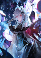 Rule 34 | 1girl, absurdres, alternate costume, angelfish, apron, arknights, black dress, black sleeves, commentary, detached sleeves, dress, duster, enmaided, fish, gloves, grey hair, hand up, happyongdal, highres, holding, holding duster, long hair, looking at viewer, maid, maid apron, maid headdress, neck ribbon, open mouth, red eyes, ribbon, skadi (arknights), skirt hold, solo, white apron, white gloves, white ribbon