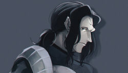 Rule 34 | 1boy, 2gno082, armor, black hair, breastplate, fate/grand order, fate (series), gilles de rais (saber) (fate), grey background, light frown, looking at viewer, looking to the side, male focus, medium hair, pauldrons, ponytail, portrait, shoulder armor, sidelocks, single pauldron, solo