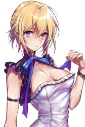 Rule 34 | 1girl, :o, blonde hair, bow, breasts, capelet, cleavage, highres, light purple hair, maruchi, medium breasts, original, revision, short hair, simple background, solo, white background