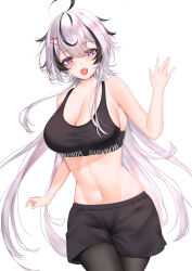 Rule 34 | 1girl, absurdres, ahoge, black hair, black pantyhose, black shorts, black sports bra, breasts, character request, cleavage, commission, grey hair, hair ornament, hairclip, highres, iriam, large breasts, long hair, match (scp115), midriff, mole, mole under eye, multicolored hair, navel, open mouth, pantyhose, purple eyes, shorts, skeb commission, slit pupils, solo, sports bra, sportswear, stomach, streaked hair, teeth, upper teeth only, virtual youtuber, x hair ornament