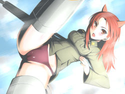 Rule 34 | 00s, 1girl, animal ears, blush, cameltoe, gun, long hair, minna-dietlinde wilcke, panties, red eyes, red hair, seki suzume, sky, solo, strike witches, striker unit, underwear, uniform, weapon, world witches series