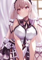 Rule 34 | 1girl, azur lane, blush, breasts, closed mouth, dress, flower, formidable (azur lane), formidable (timeless classics) (azur lane), highres, large breasts, long hair, looking away, necktie, official alternate costume, platinum blonde hair, purple eyes, purple necktie, simple background, solo, twintails, veil, wee (weeyy), window