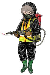 Rule 34 | 1girl, asasow, boots, brown gloves, canister, fire, flamethrower, gas tank, gloves, green footwear, hatoba tsugu, hazmat suit, high-visibility vest, holding, holding weapon, light brown hair, looking at viewer, raised eyebrows, respirator, rubber boots, short hair, simple background, solo, standing, tsugu (vtuber), tube, virtual youtuber, weapon, white background, yellow eyes