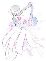 Rule 34 | 2girls, alternate color, arm around waist, arm up, blue skin, blush, blush stickers, closed mouth, colored skin, constricted pupils, creatures (company), dancing, female focus, flat chest, full body, game freak, gardevoir, gen 3 pokemon, green skin, hair over one eye, hand up, happy, head back, holding hands, legs apart, minashirazu, multicolored skin, multiple girls, nervous, nintendo, open mouth, outstretched arm, pokemon, pokemon (creature), red eyes, shiny and normal, shiny pokemon, simple background, smile, standing, two-tone skin, white background, white skin